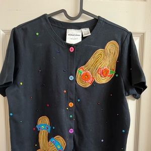 MICHAEL SIMON BLACK KNIT CARDIGAN SHORT SLEEVE SMALL SWEATER TOP FLIP FLOPS